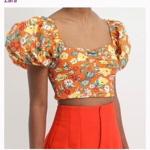 Zara Women's Orange Floral Print Balloon Sleeve Flounce Crop Top Size Large